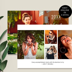 Puede incluir: Un collage de fotos con una joven en diferentes escenarios. Las fotos est&aacute;n dispuestas en una cuadr&iacute;cula e incluyen im&aacute;genes de la mujer soplando confeti, sonriendo con amigos y posando con una bebida. El texto "20XX GRADUATE" se muestra en la parte superior del collage, y la cita "Every accomplishment starts with the decision to try - John F. Kennedy -" se muestra en la parte inferior.