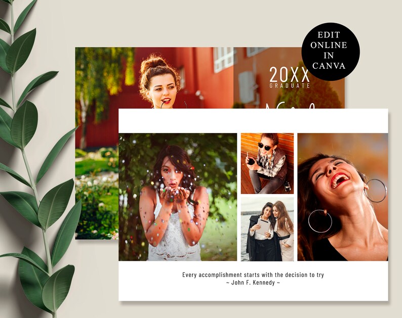 Puede incluir: Un collage de fotos con una joven en diferentes escenarios. Las fotos est&aacute;n dispuestas en una cuadr&iacute;cula e incluyen im&aacute;genes de la mujer soplando confeti, sonriendo con amigos y posando con una bebida. El texto "20XX GRADUATE" se muestra en la parte superior del collage, y la cita "Every accomplishment starts with the decision to try - John F. Kennedy -" se muestra en la parte inferior.