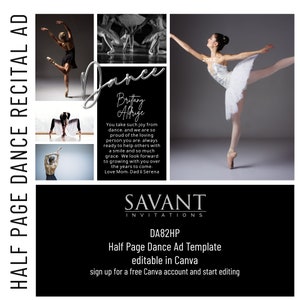 Anuncio de baile - Plantilla de anuncio de tributo del programa de recital de media página - editable en Canva - Grito de tributo al bailarín - Anuncios de recital de baile para padres - DA82HP