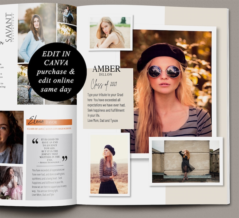 Op de afbeelding: Een tijdschriftpagina met afstudeeraankondigingen. Bevat foto's van afgestudeerden, tekst en de zinnen "Edit in Canva, purchase & edit online same day", "Class of 2021" en "Class of 20XX".