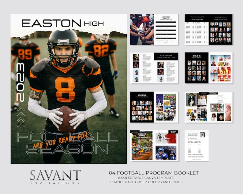 May include: A football program booklet template with a player in a black and orange uniform holding a football. The booklet includes team photos, schedules, and sponsor information. The text reads "Easton High" and "Are you ready for football season?"