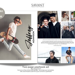 Modèle d'annonce d'annuaire de fin d'études modifiable, modèle Canva de 2 pages ; Senior - Middle - Hommage à la remise des diplômes de l'école primaire ; YBA500
