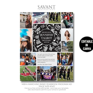 Plantilla de collage de fotos de anuncios del programa del anuario de Marching Band, PÁGINA COMPLETA editable en CANVA, 8.5x11, MBYA4