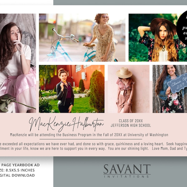 Yearbook Ad, Graduation Photo Collage Yearbook Ad, Customize Half Page Tribute, CANVA TEMPLATE, Announcement, Editable, Printable, YBA28C1