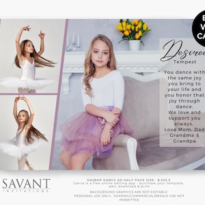 Pode incluir: Um anúncio de recital de dança com uma menina em um tutu branco e um tutu rosa. O anúncio inclui o nome da menina, Desinee Tempest, e uma mensagem sobre seu amor pela dança. O texto diz: "Você dança com a mesma alegria que traz para sua vida e honra essa alegria através da dança. Nós amamos e apoiamos você sempre. Amor de mãe, pai, avó e avô."