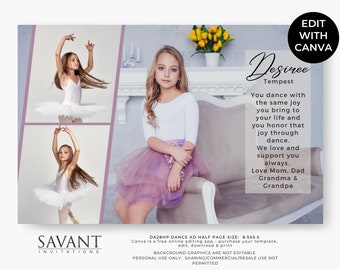May include: A dance recital announcement featuring a young girl in a white tutu and a pink tutu. The announcement includes the girl's name, Desinee Tempest, and a message about her love of dance. The text reads: "You dance with the same joy you bring to your life and you honor that joy through dance. We love and support you always. Love Mom, Dad, Grandma & Grandpa."