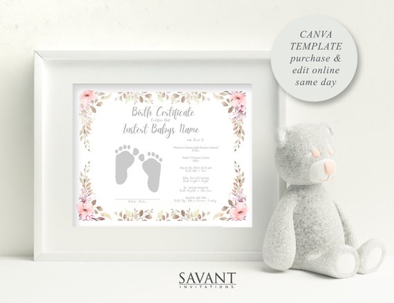 Printable Birth Certificate Girl Floral Birth Certificate - Etsy