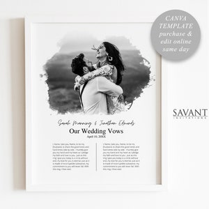 May include: Black and white framed wedding vows print. The print features a photo of a couple embracing, with text that reads "Our Wedding Vows" and the names "Sarah Manning & Jonathan Edmonds." The text "CANVA TEMPLATE purchase & edit online same day" is also visible.