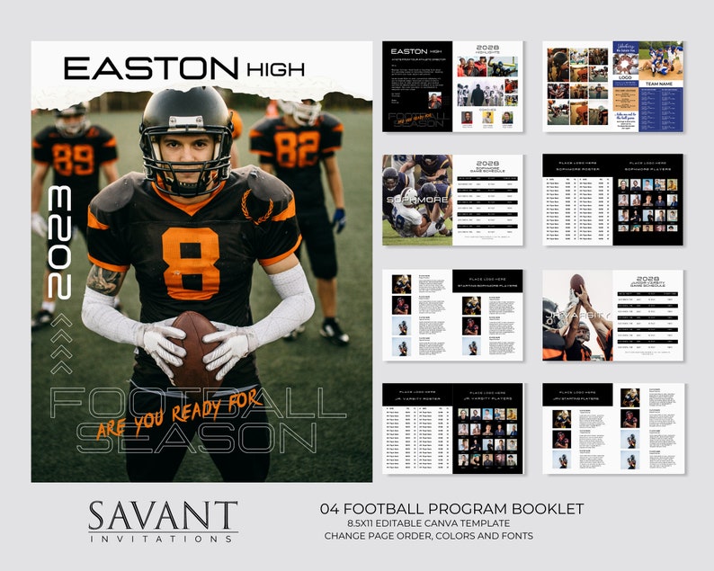 Football Program Template, Senior Night Program, magazine styled design for print or online promotion, Booster Clubs, Football Teams, 04.  Designed by Savant Invitations.