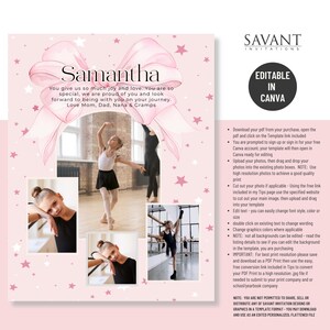 May include: A pink and white printable invitation template for Canva with a pink bow and stars. The template features a photo collage of a young girl in a ballet class. The text on the template reads "Samantha" and "You give us so much joy and love. You are so special, we are proud of you and look forward to being with you on your journey. Love Mom, Dad, Nana & Gramps".