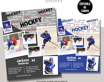 May include: A hockey yearbook template word art design with a black and gray background. The design features a collage of photos of hockey players on the ice. The text "HOCKEY" is repeated throughout the design in red and white. The text "Jackson Henderson #8" is at the bottom of the design with a message about the player's love of the game and their future endeavors. The text "1 HYATI HOCKEY YEARBOOK TEMPLATE WORD ART" and "PAGE SIZE: 8.5X11 INCH" is at the bottom of the design.