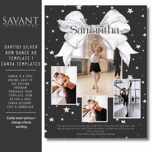 NEU! Silver Bow Coquette Dance Recital Ad Template - Under the Stars Yearbook Tribute - Ganzseite - Lustiges Design bearbeitbar in Canva - DART101
