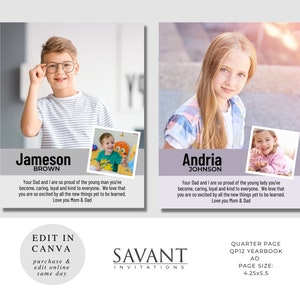 QUARTER PAGE Yearbook Ad for Elementary Middle School Minimalist Yearbook Tribute Ad - Buyer edits with free Canva App, QP12