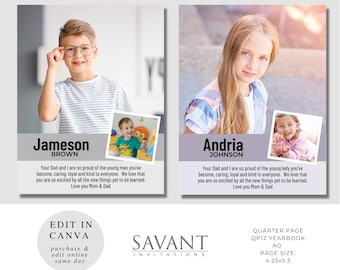 Anuncio de un cuarto de página para anuario de primaria y secundaria. Anuncio minimalista de homenaje para anuario. El comprador puede editarlo con la aplicación gratuita Canva, QP12.