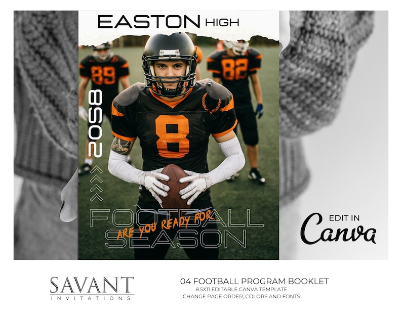 A sports program booklet is a fun way to provide information about a team, the season, and the sport for fans. Editable in Canva, this 8.5x11 magazine style Football Sports Program template is easy to customize.  Designed by Savant Invitations.