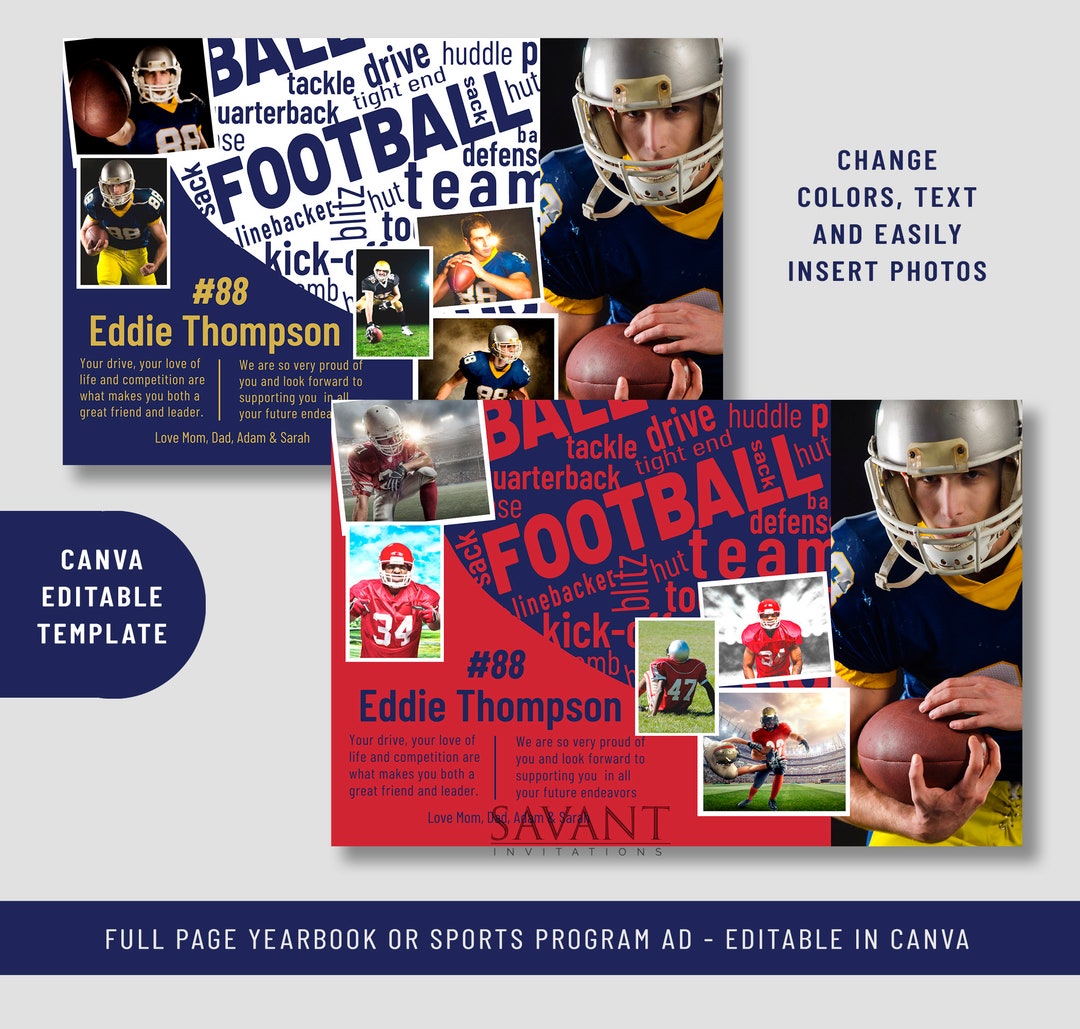 Half Page Football Yearbook Ad Template, Sports Program Ad, Editable in  CANVA, 8.5x5.5 Photo Collage, FYA2 