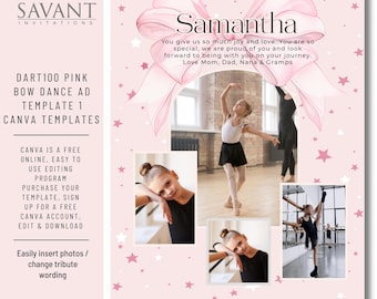¡NUEVO! Plantilla de anuncio para recital de baile con lazo rosa - Tributo al anuario "Bajo las estrellas" - Página completa - Diseño divertido y editable en Canva - DART100