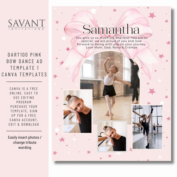 NEW! Pink Bow Coquette Dance Recital Ad Template - Under the Stars Yearbook Tribute - Full Page - Fun design editable in Canva - DART100