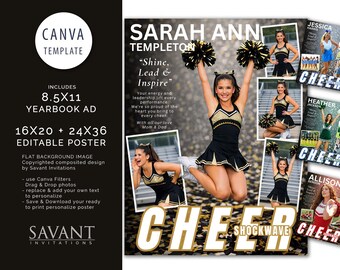 NEW! Cheer Yearbook Ad + Banner Canva Template • Glitterati Senior Night Poster • 8.5x11 + 16x20 + 24x36 Editable Cheer Drag & Drop Layout