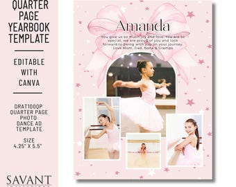 ¡NUEVO! Plantilla publicitaria de un cuarto de página para el recital de danza Coquette con lazo rosa - Homenaje al anuario Bajo las estrellas - Diseño divertido editable en Canva - DART100QP