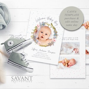 Foto-Baby-Geburts-Ankündigung-Kartenvorlage, die in CANVA bearbeitet werden kann, Blumenaquarell-Rahmendesign-quick einfach editierbar Neugeborenen-Ankündigung