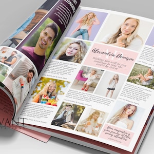 May include: A double-page spread from a Savant Invitations magazine. The left page features photos of people, while the right page showcases photos of a young woman named Alexandria Dennison, with text that reads "Wishing you well as you continue to take the world by storm."