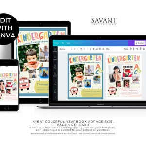 May include: A digital template for a kindergarten yearbook page. The template features a colorful bus, alphabet letters, and space for photos. The text "Kindergarten" is written in a rainbow font. The template is designed to be edited using Canva.