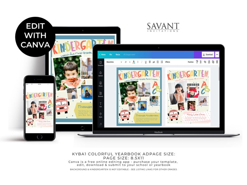 May include: A digital template for a kindergarten yearbook page. The template features a colorful bus, alphabet letters, and space for photos. The text "Kindergarten" is written in a rainbow font. The template is designed to be edited using Canva.