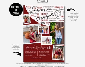 Volleyball Yearbook Ad Full Page, Sports Program Ad, editable in CANVA, 8.5x11 Photo Collage, V1YBAFP