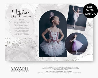 May include: A printable dance recital announcement with a white marble background and silver glitter accents. The announcement features a photo of a young girl in a white tutu and pink ballet shoes. The text reads "Natatia Emerson, you bring so much joy to everyone. We love how excited you are to dance and share your new dances with all of us. You make us proud to be your family. Love Mom, Dad, Tyler, Nana & Poppa."