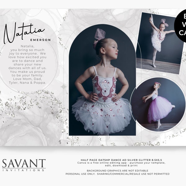 Silver Glitter Dance Recital Ad Half Page Template - Dance Recital Program Ad, Editable Photo Collage, Editable Canva Template, DA75HP