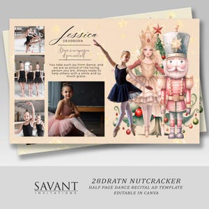 May include: A pink and white dance recital advertisement featuring a young girl in a black tutu and a Nutcracker illustration. The text reads "Jessica Dearborn Dance is an expression of your inner self. You take such joy from dance, and we are so proud of the loving person you are, always ready to help others with a smile and so much grace."