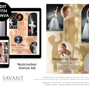 May include: A digital template for a Nutcracker dance ad. The template features a gold and white colour scheme with a silhouette of a Nutcracker. The template includes space for photos and text. The text on the template reads "Celebrating Renee's 5th Nutcracker Recital" and "Samantha Jones". The template is designed to be edited using Canva.