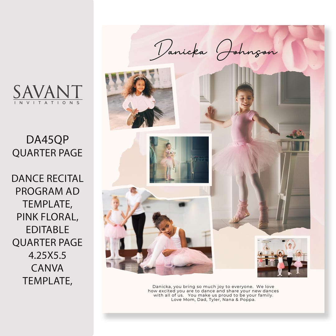 Dance Recital Program Ad Template, Pink Floral, Edit - Editable Quarter ...