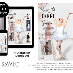 ダンス リサイタル プログラム トリビュート テンプレート広告 - Raising the Barre フル ページ - Canva で編集可能なクリエイティブ デザイン - DA23RTB