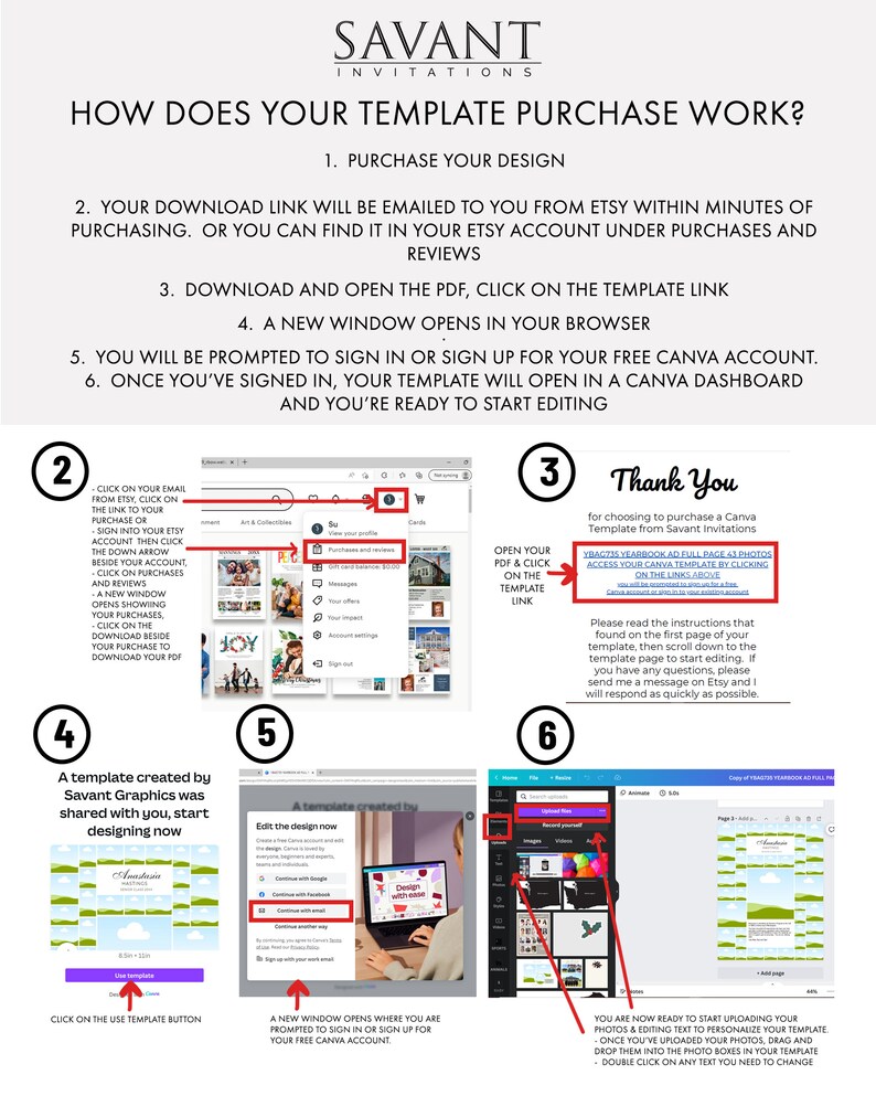 May include: A guide from Savant Invitations on how to purchase and use a Canva template. The steps include purchasing, downloading a PDF, opening a template link, signing into Canva, and editing. The guide includes screenshots and instructions.