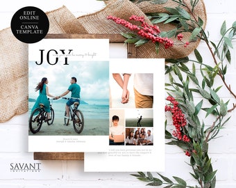 Puede incluir: Una plantilla de tarjeta de felicitación fotográfica con la palabra JOY en letras negras grandes, el texto may your year be merry & bright y un collage de fotos personales que incluye una pareja en bicicleta, manos entrelazadas y un retrato familiar.