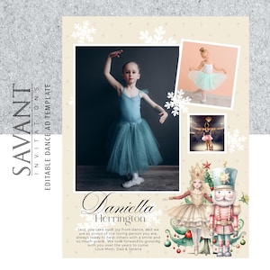 Könnte beinhalten: Einladungs-Vorlage mit einer jungen Ballerina in einem blauen Tutu, mit zusätzlichen Fotos von ihr beim Tanzen. Das Design umfasst Schneeflocken, einen Nussknacker und den Text "Daniella Herrington" mit einer persönlichen Nachricht.