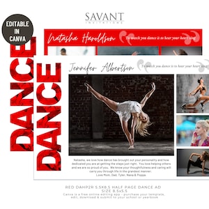 May include: A red and white dance ad template for Canva. The ad features a young woman in a white leotard dancing in a brick room. The text on the ad reads "To watch you dance is to hear your heart sing." and "Natasha Haroldson". The ad also includes the text "RED DAHP2R 5.5X8.5 HALF PAGE DANCE AD SIZE 8.5x5.5 Canva is a free online editing app - purchase your template, edit, download & submit to your school or yearbook".