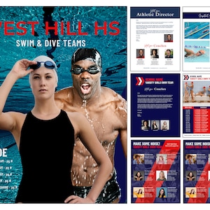 Pode incluir: Um folheto azul e vermelho para as equipes de natação e mergulho da West Hill High School. O folheto apresenta uma foto de dois nadadores na piscina, um cronograma de eventos e informações sobre as equipes.