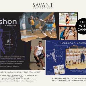 Plantilla de anuncio editable para anuario de graduación de media página - Baloncesto - editable en Canva; Homenaje de graduación del jugador y equipo senior; BKTBL2