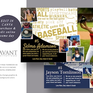 Half Page Baseball Yearbook Ad Template, Sports Program Ad, editable in CANVA, 8.5x5.5 Photo Collage, BYA2