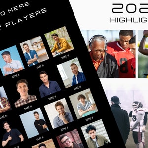 May include: A black and white graphic design for a sports team. The design includes a grid of headshots of players, with the text "VARSITY PLAYERS" and "2028 HIGHLIGHTS". There are also action shots of football players.