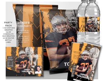 Paquete de plantillas para recuerdos de fiesta de graduación de fútbol americano: incluye bolsa de papas fritas, envoltorio de barra de chocolate y etiqueta para botella de agua. Personalízalo en Canva (FBPFB01).