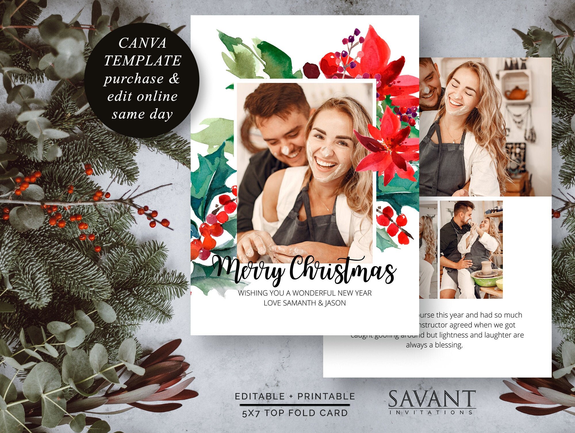 Watercolor Christmas Card, Printable Family Photo Holiday Card, Canva Template, 5X7 Christmas Card, Personalize Card, Poinsetta, CMCP150 - Etsy watercolor-christmas-card-printable-family-photo-holiday-card-canva-template-5x7-christmas-card-personalize-card-poinsetta-cmcp150-etsy
