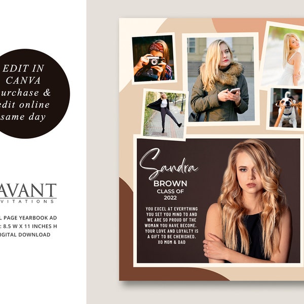 Graduation Yearbook Ad Canva Template, Editable Yearbook Photo Tribute Ad, Unique Editorial Style, Full Page Ad, YBAF706