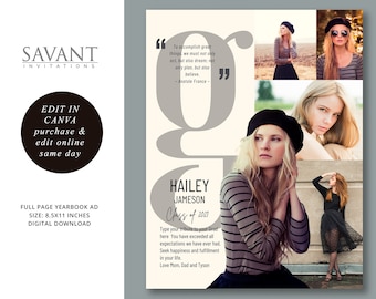 Graduation Yearbook Ad Canva Template, Editable Yearbook Tribute Ad, Unique Editorial Style, Full Page Ad, YBA29FPa