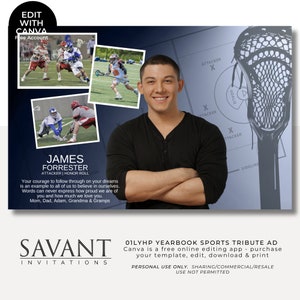 Plantilla de anuario - Plantilla de página de anuncio de tributo de graduación de lacrosse de media página - Anuncio de programa deportivo - editar y personalizar en Canva - 01LYHP