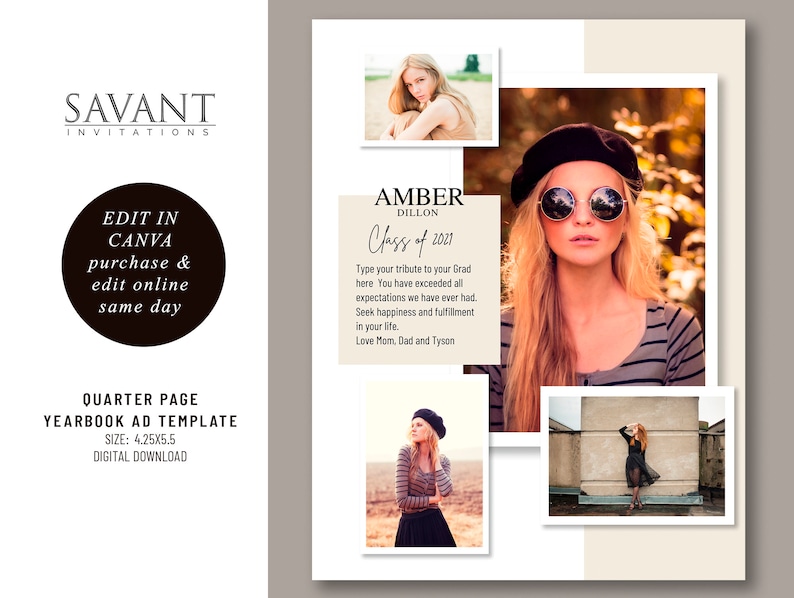 Op de afbeelding: Jaarboekadvertentiesjabloon met de tekst "SAVANT INVITATIONS" en "EDIT IN CANVA purchase & edit online same day." De sjabloon bevat foto's en de tekst "AMBER DILLON Class of 2021."