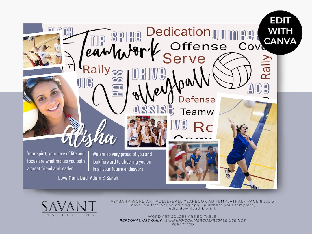 Volleyball Yearbook Ad Template, Half Page Word Art Design, Sports